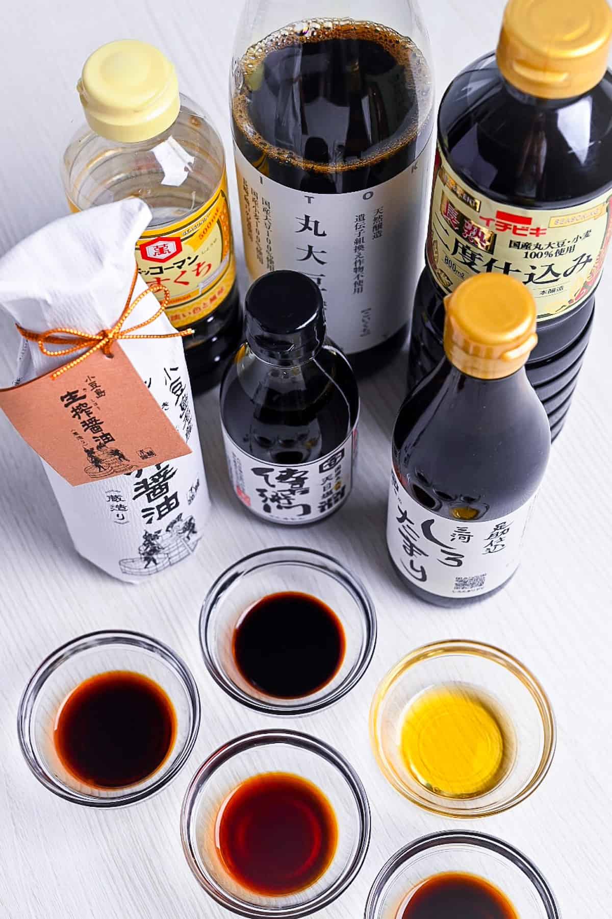 Six different kinds of shoyu (Japanese soy sauce)