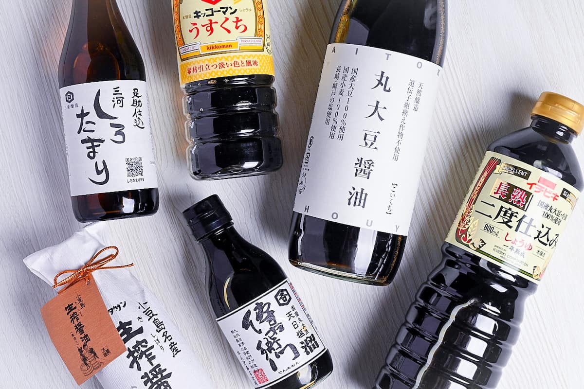 Six different kinds of shoyu (Japanese soy sauce)