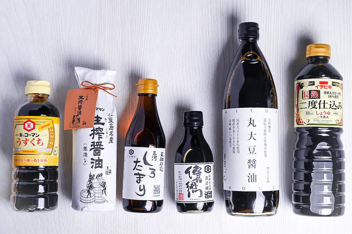 Six different kinds of shoyu (Japanese soy sauce)