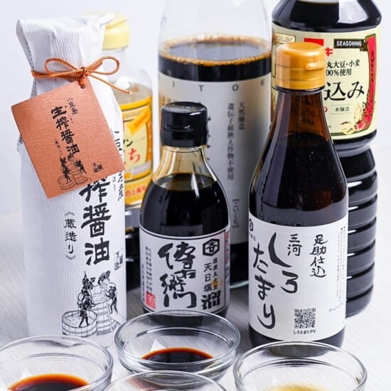 bottles of Japanese soy sauce on a white background