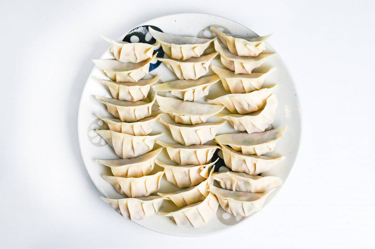 uncooked beef gyoza lined up on a white and blue plate