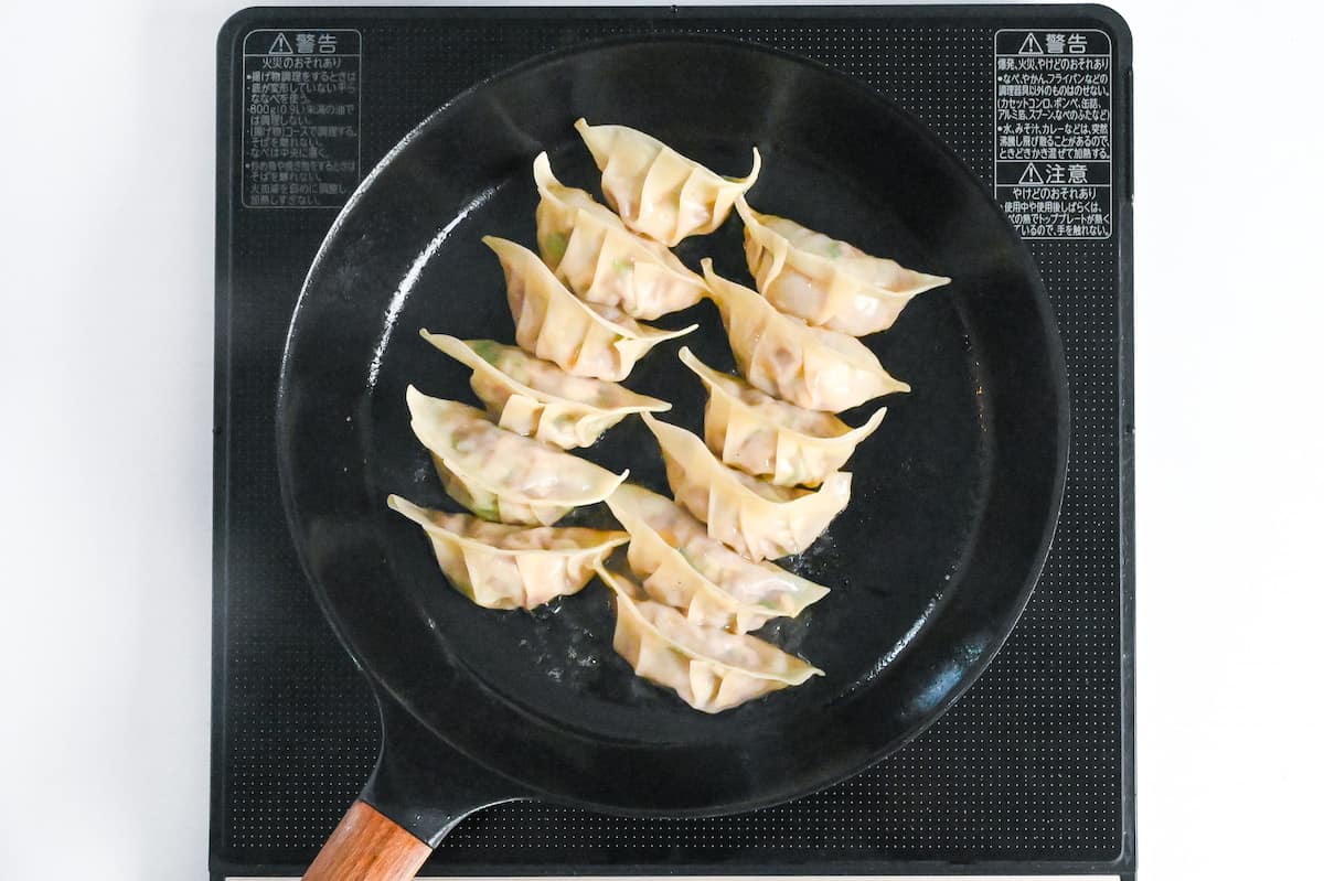 steamed pan-fried gyoza in a pan