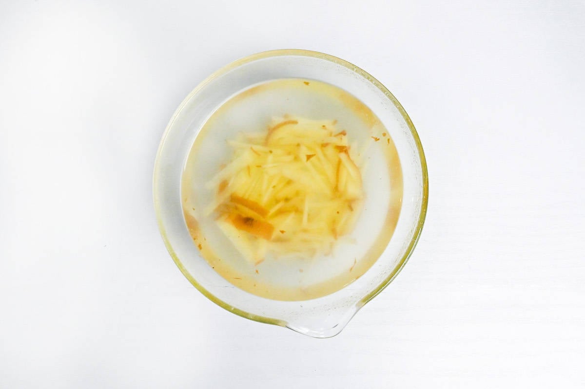 soaking peeled and julienned ginger in a glass bowl of cold water