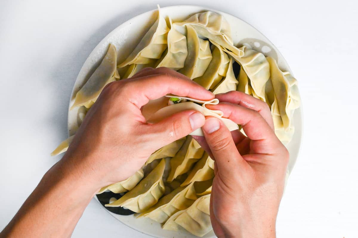 pleating one edge of gyoza wrapper to seal chicken gyoza