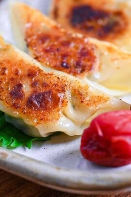 Chicken gyoza with umeboshi and perilla leaves (shiso) on a cream rectangular plate close up