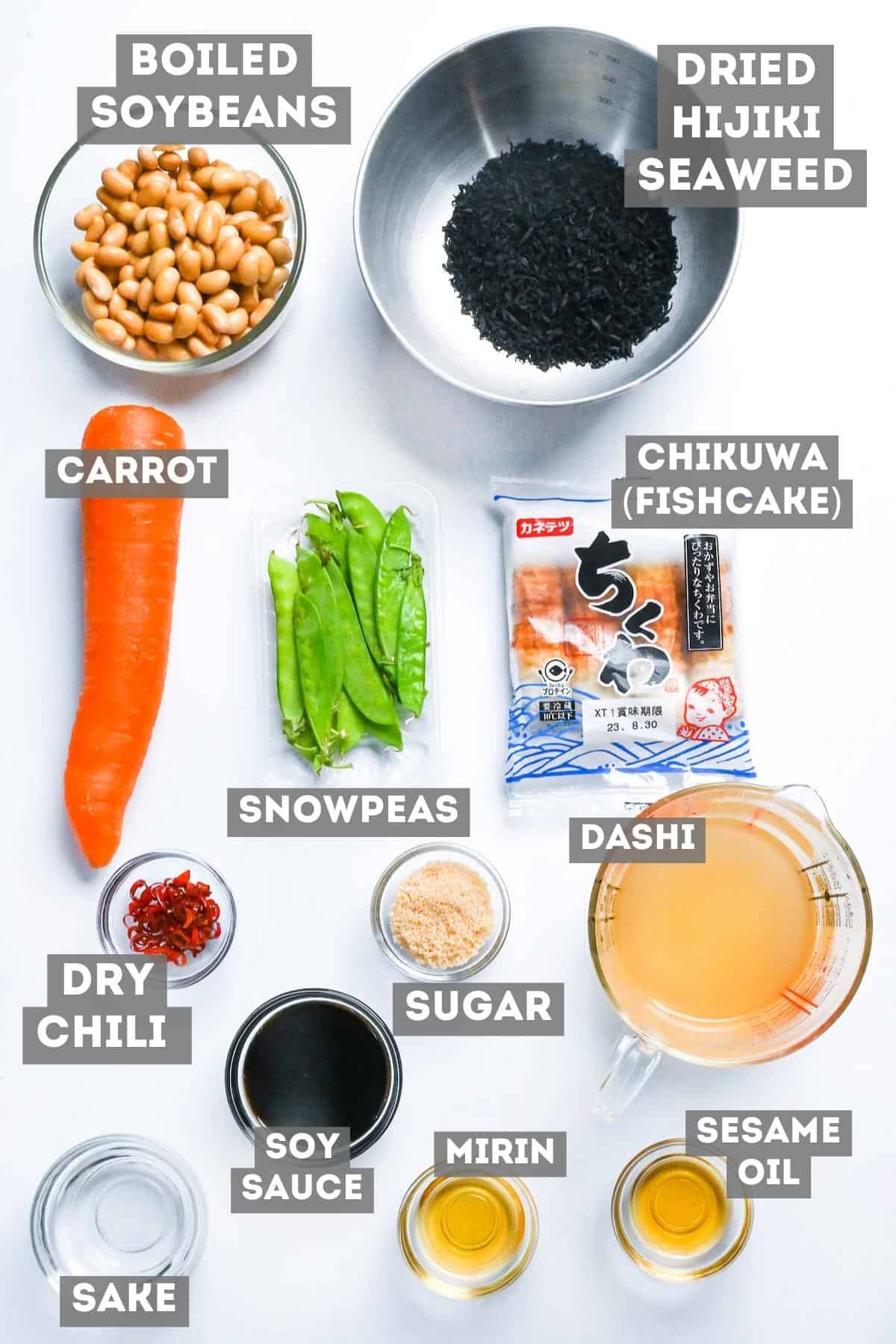 Hijiki salad ingredients on a white background with labels