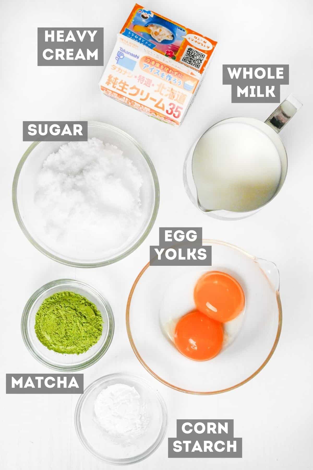 ingredients used to make homemade matcha ice cream