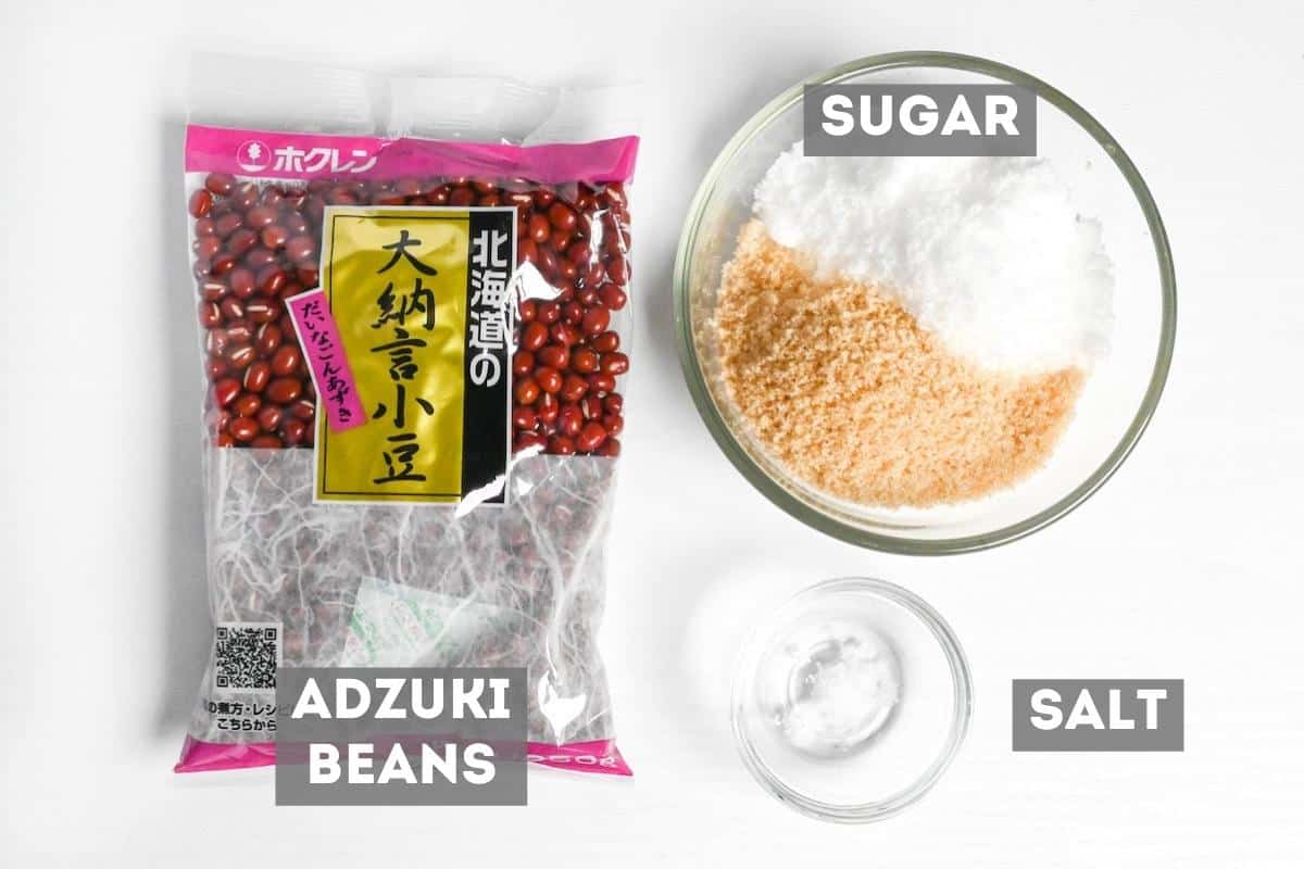 ingredients used to make anko on a white background with labels