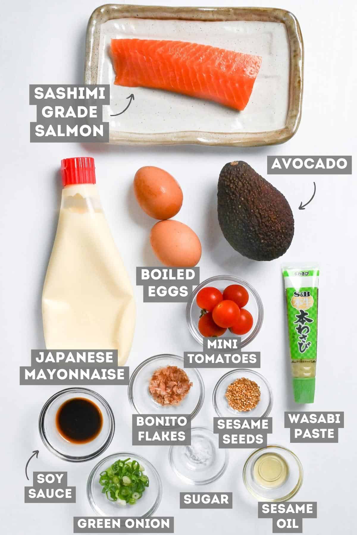 Japanese style avocado salad ingredients with labels on a white background