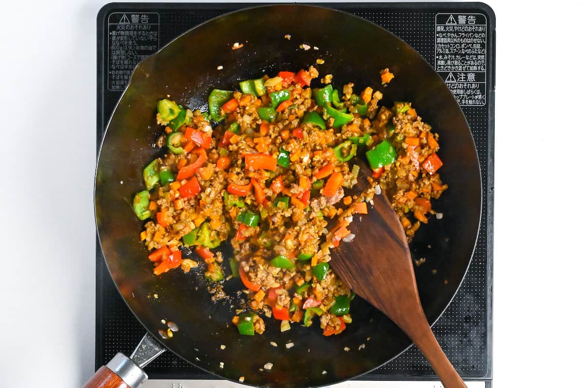 Ground meat and vegetables seasoned with curry spices