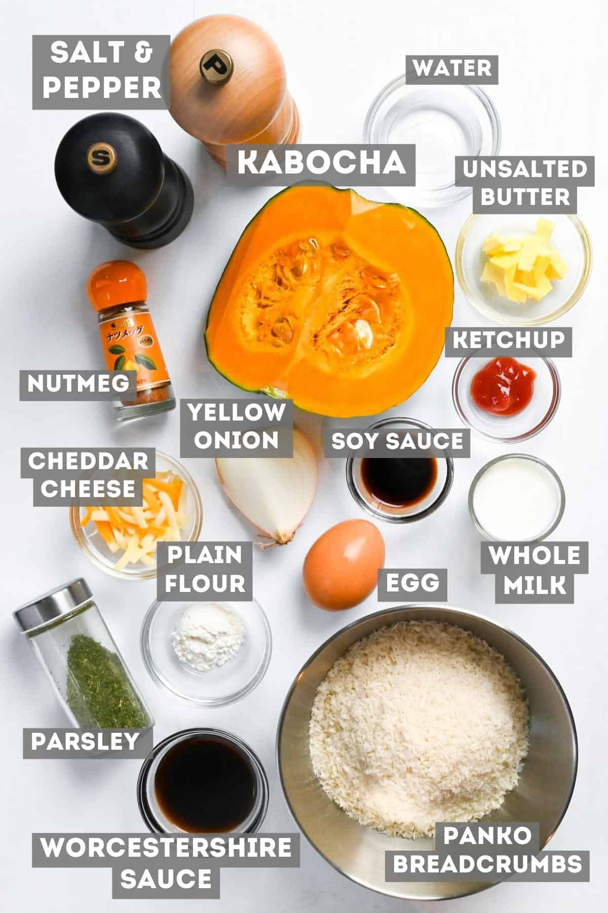 Kabocha Korokke (Japanese Pumpkin Croquettes) ingredients with labels on a white background