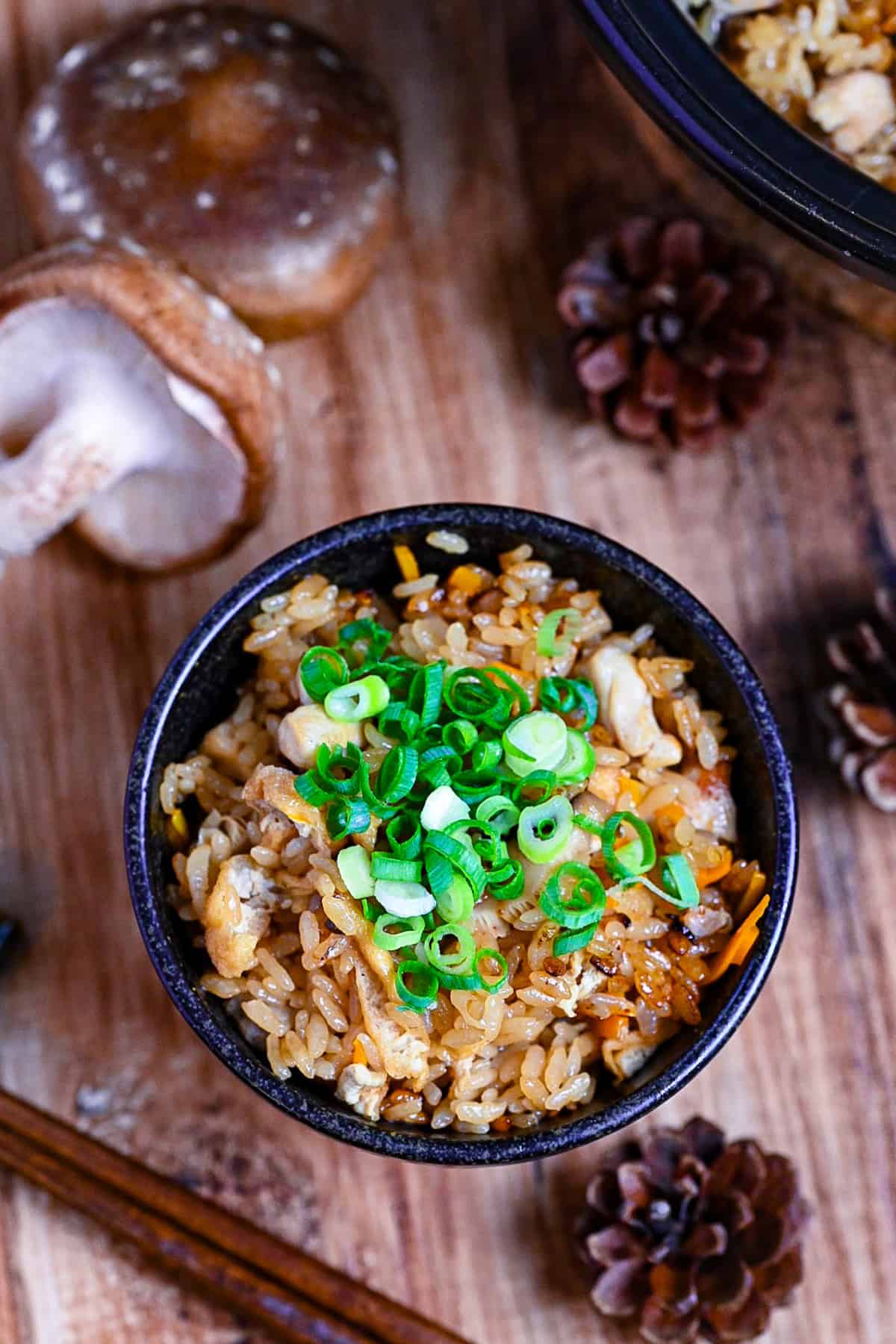 chicken takikomi gohan in a black rice bowl topped with chopped green onion