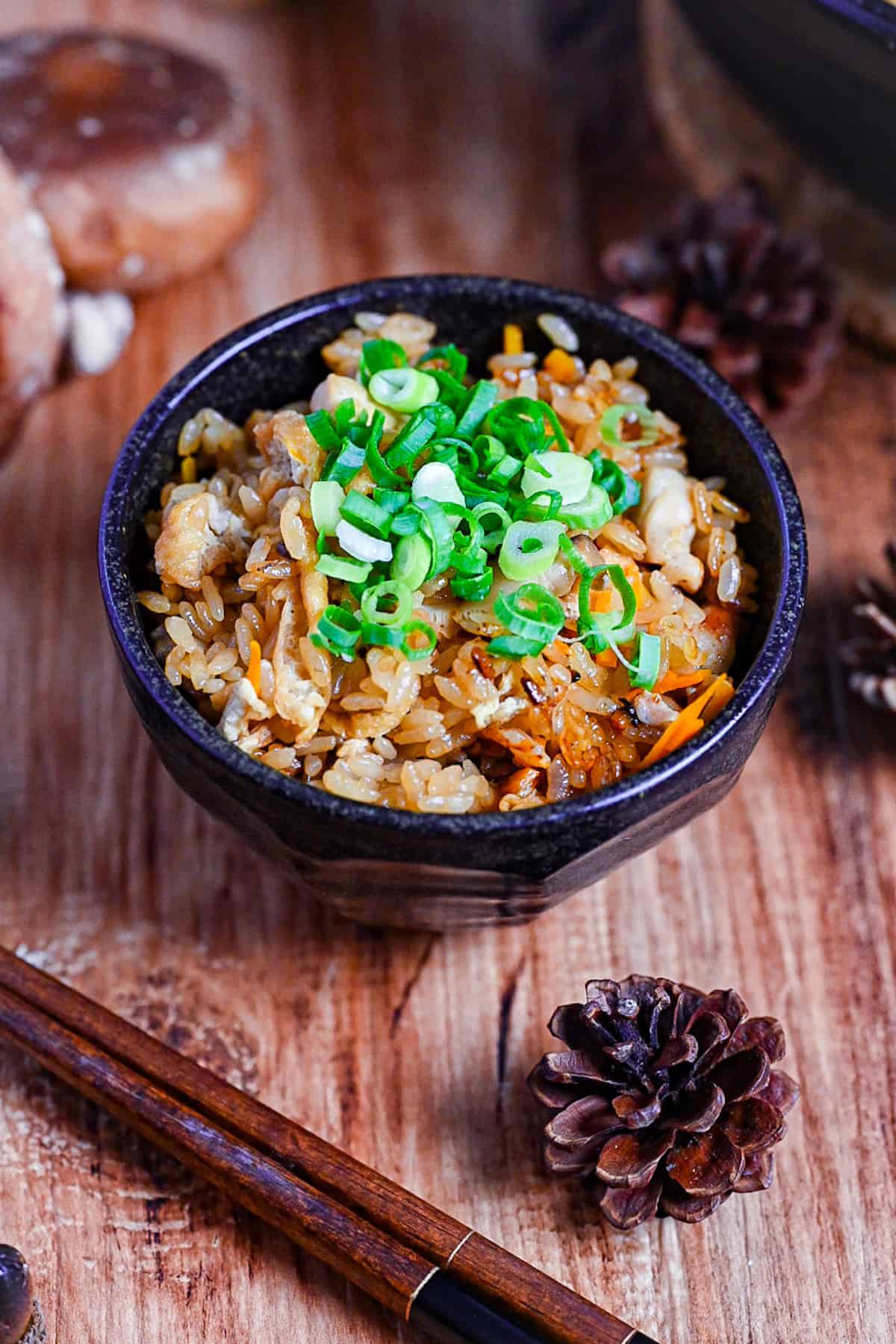 chicken takikomi gohan in a black rice bowl topped with chopped green onion