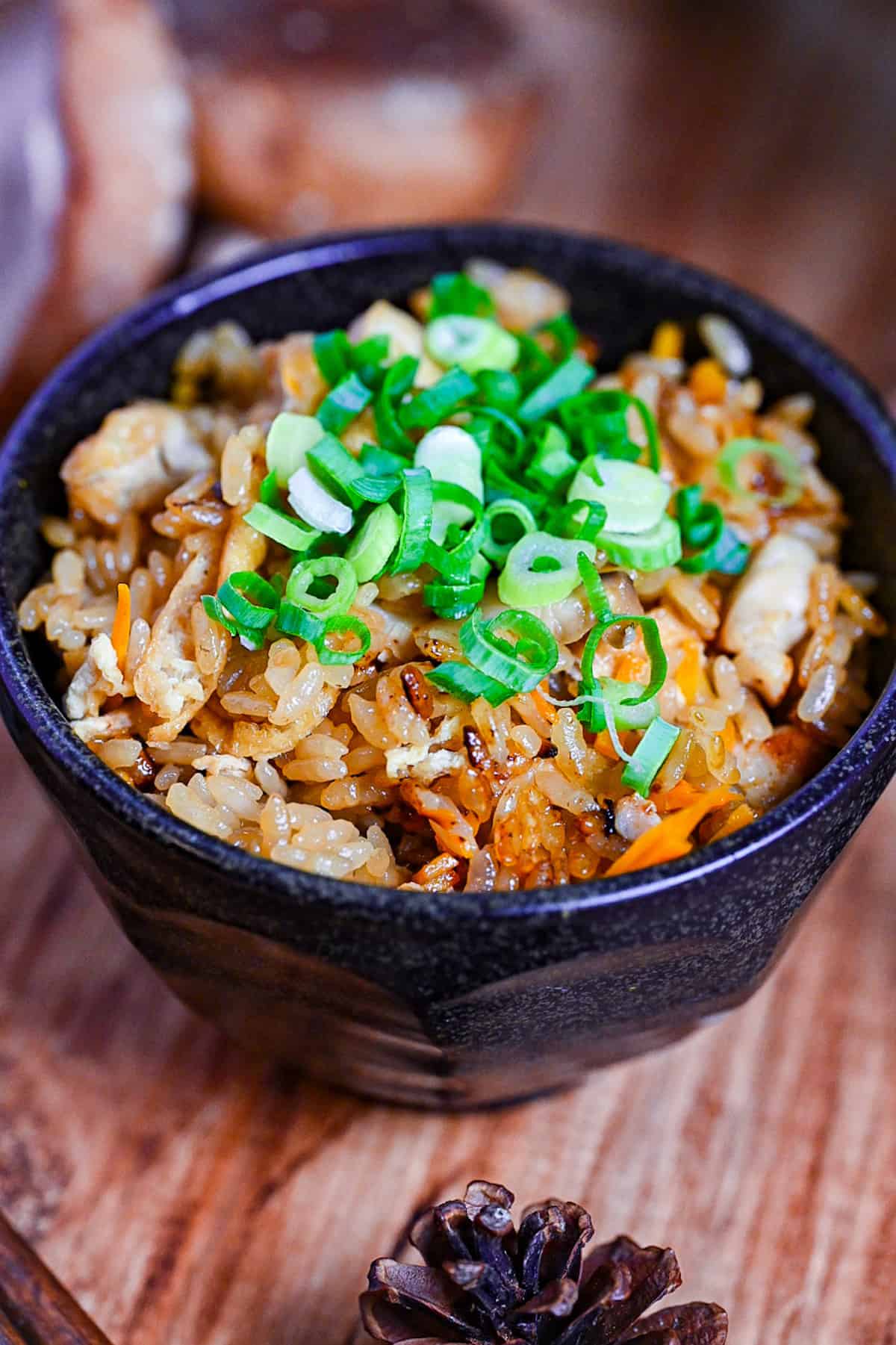 chicken takikomi gohan in a black rice bowl topped with chopped green onion