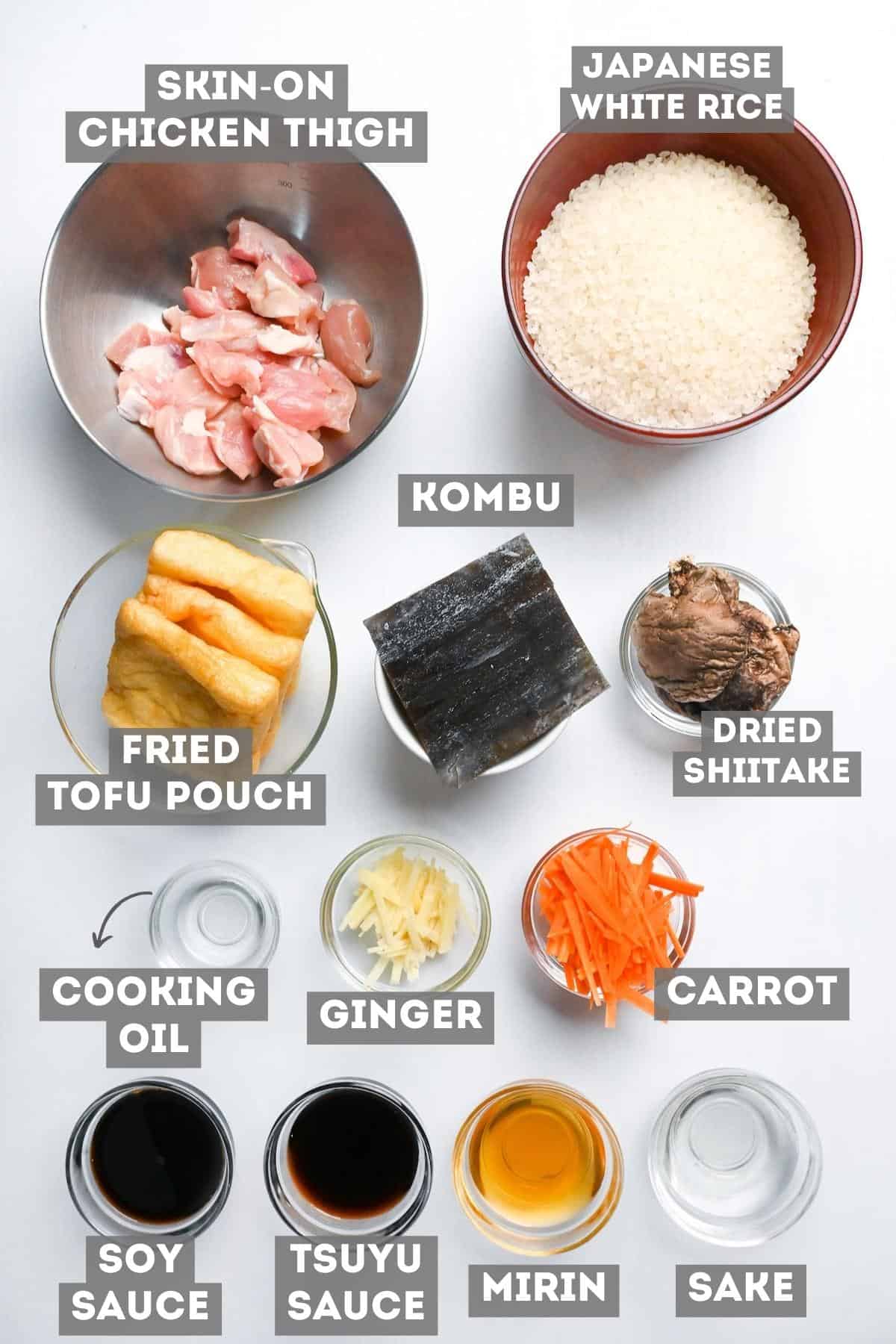 chicken takikomi gohan ingredients on a white background with labels