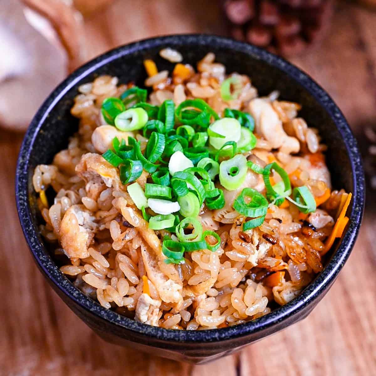 chicken takikomi gohan in a black rice bowl topped with chopped green onion