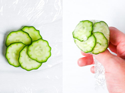thinly sliced cucumber (circles) arranged in a flower formation to decorate temarizushi