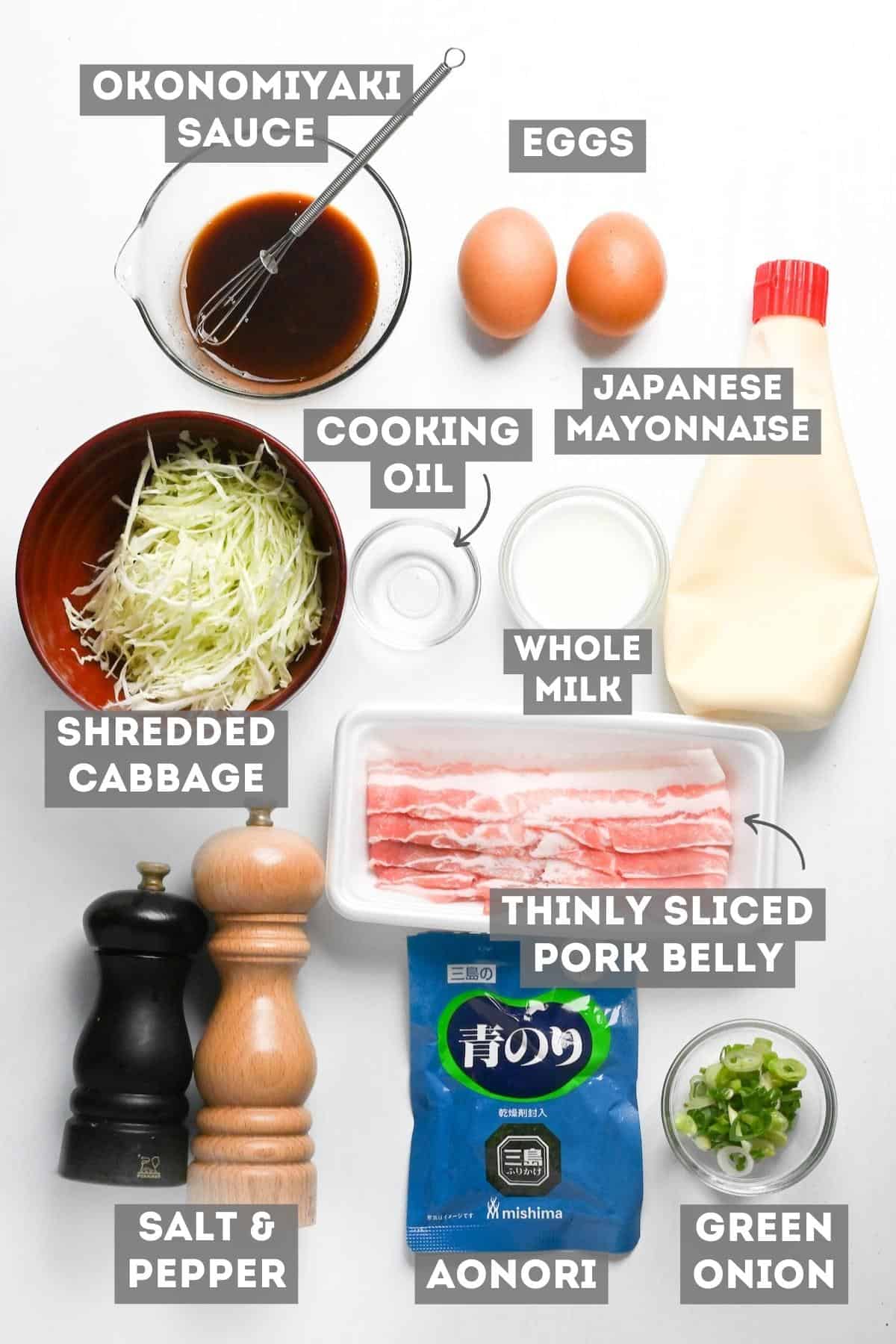 tonpeiyaki ingredients on a white background with labels