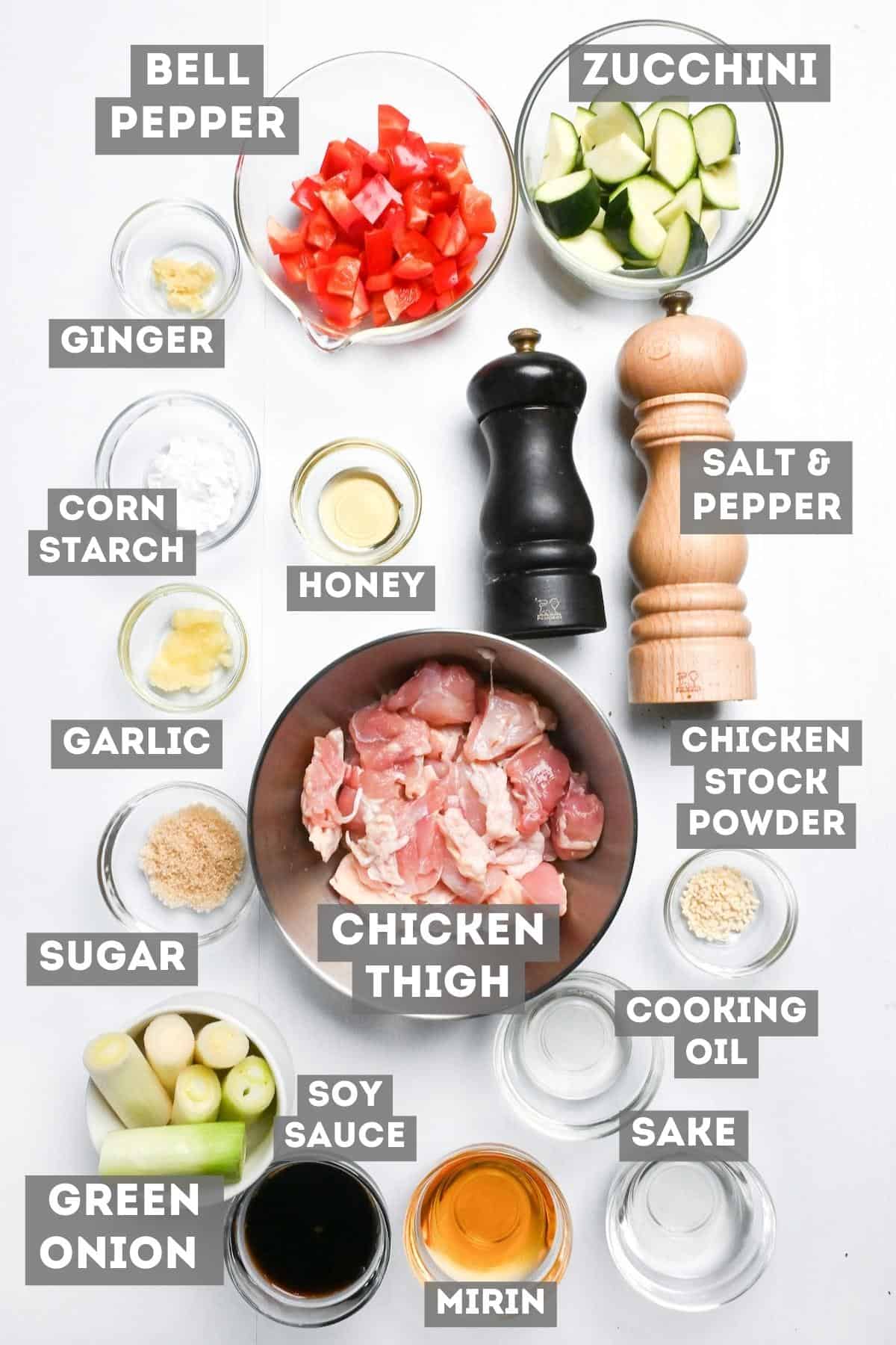 yakitori donburi ingredients on a white background with labels