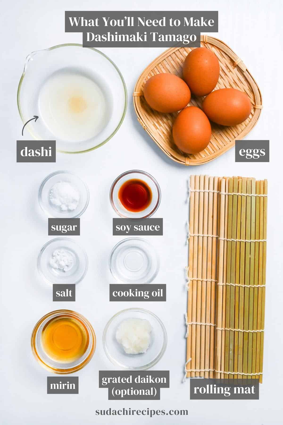 ingredients used to make dashimaki tamago on a white background with labels