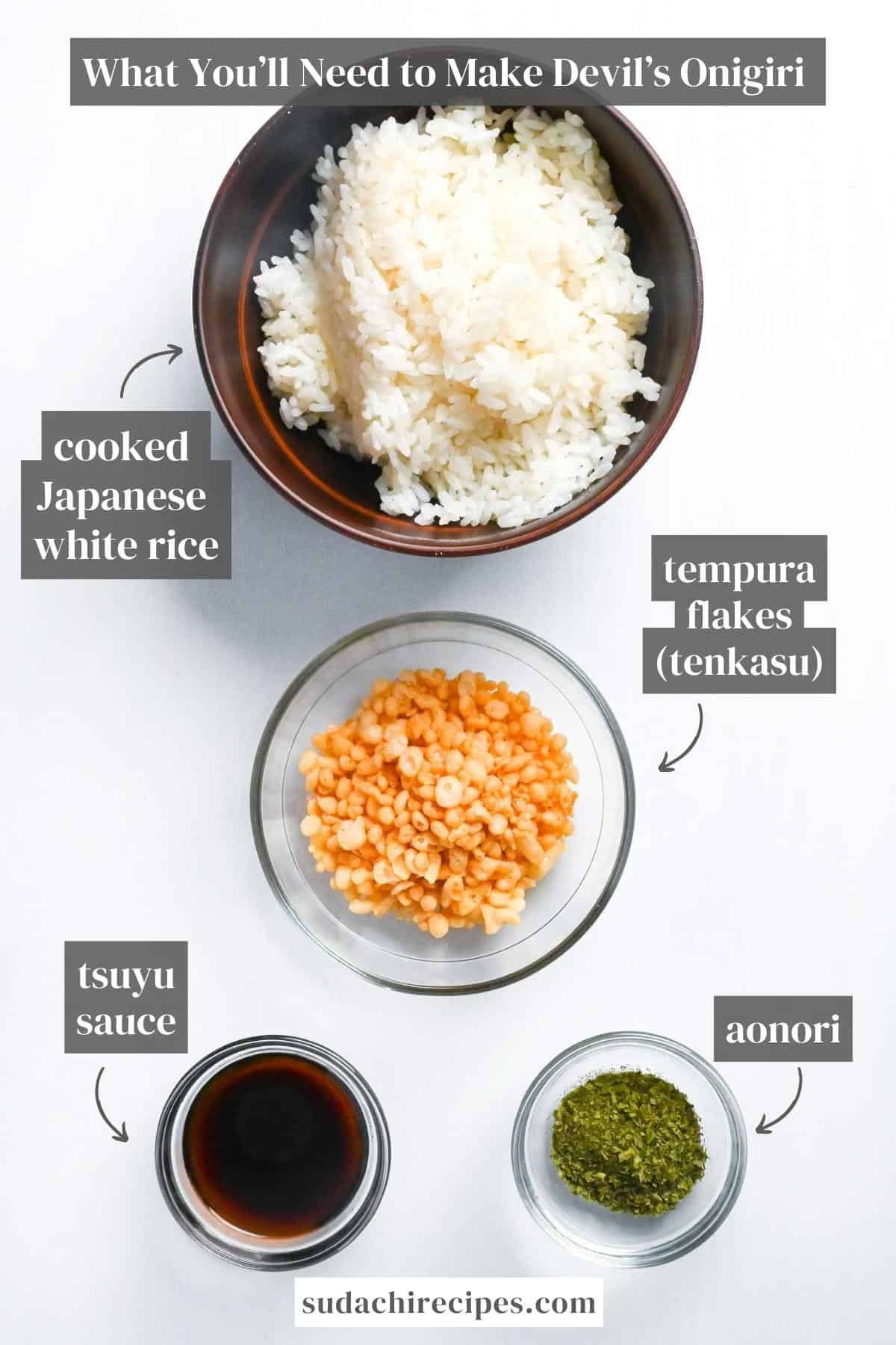 devil's onigiri ingredients on a white background with labels