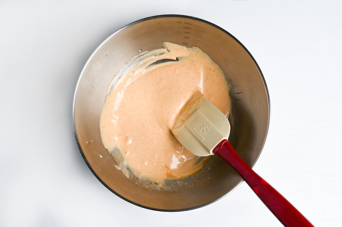 ebi mayo mayonnaise sauce in a steel mixing bowl
