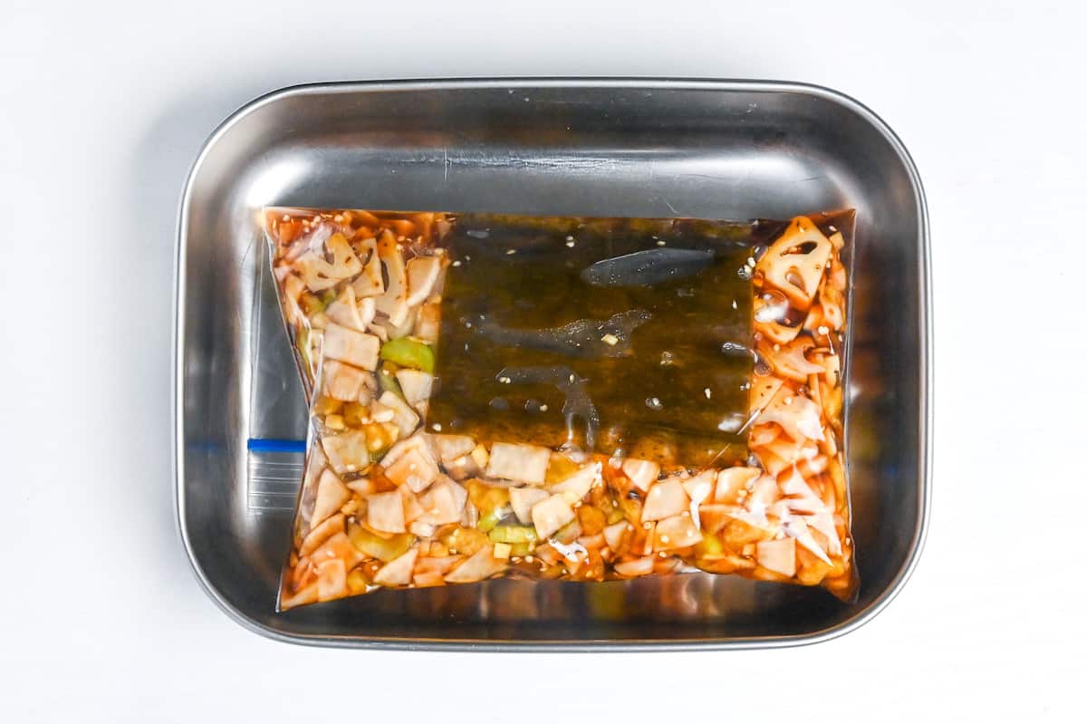 fukujinzuke sealed in a sealable freezer bag with kombu