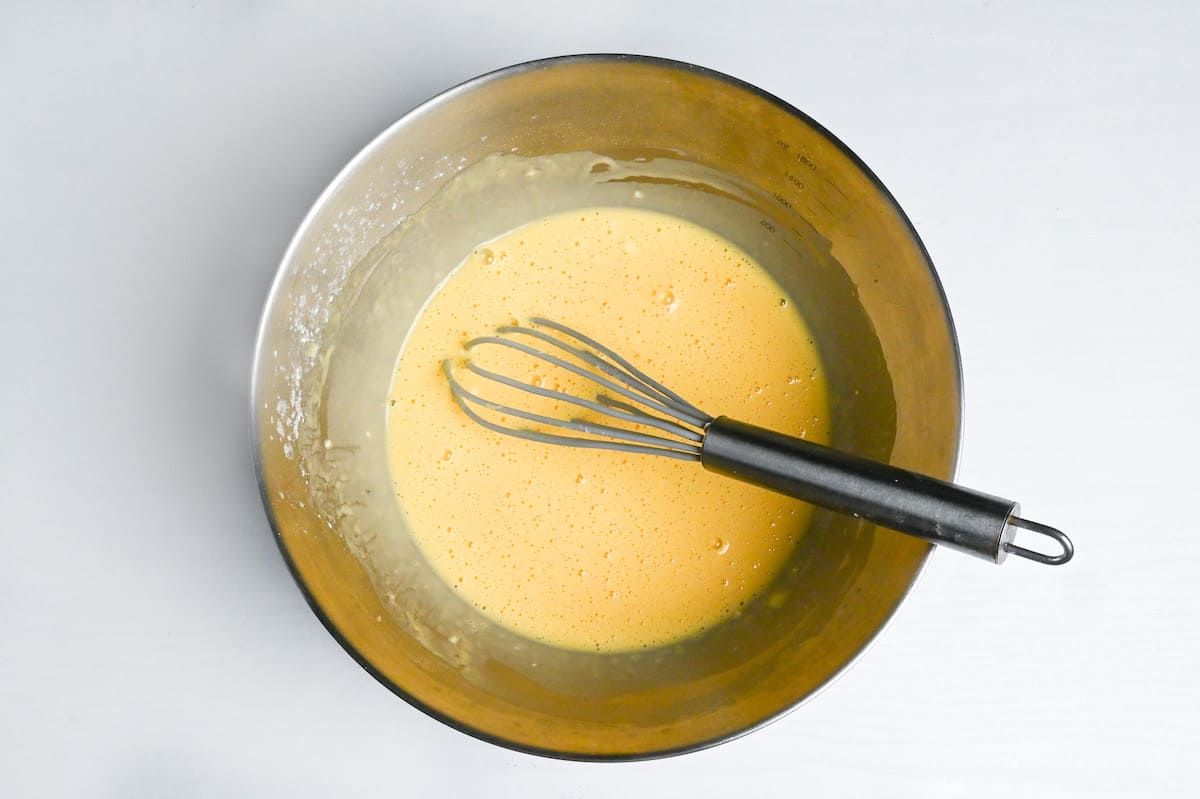 whisked egg batter in a bowl