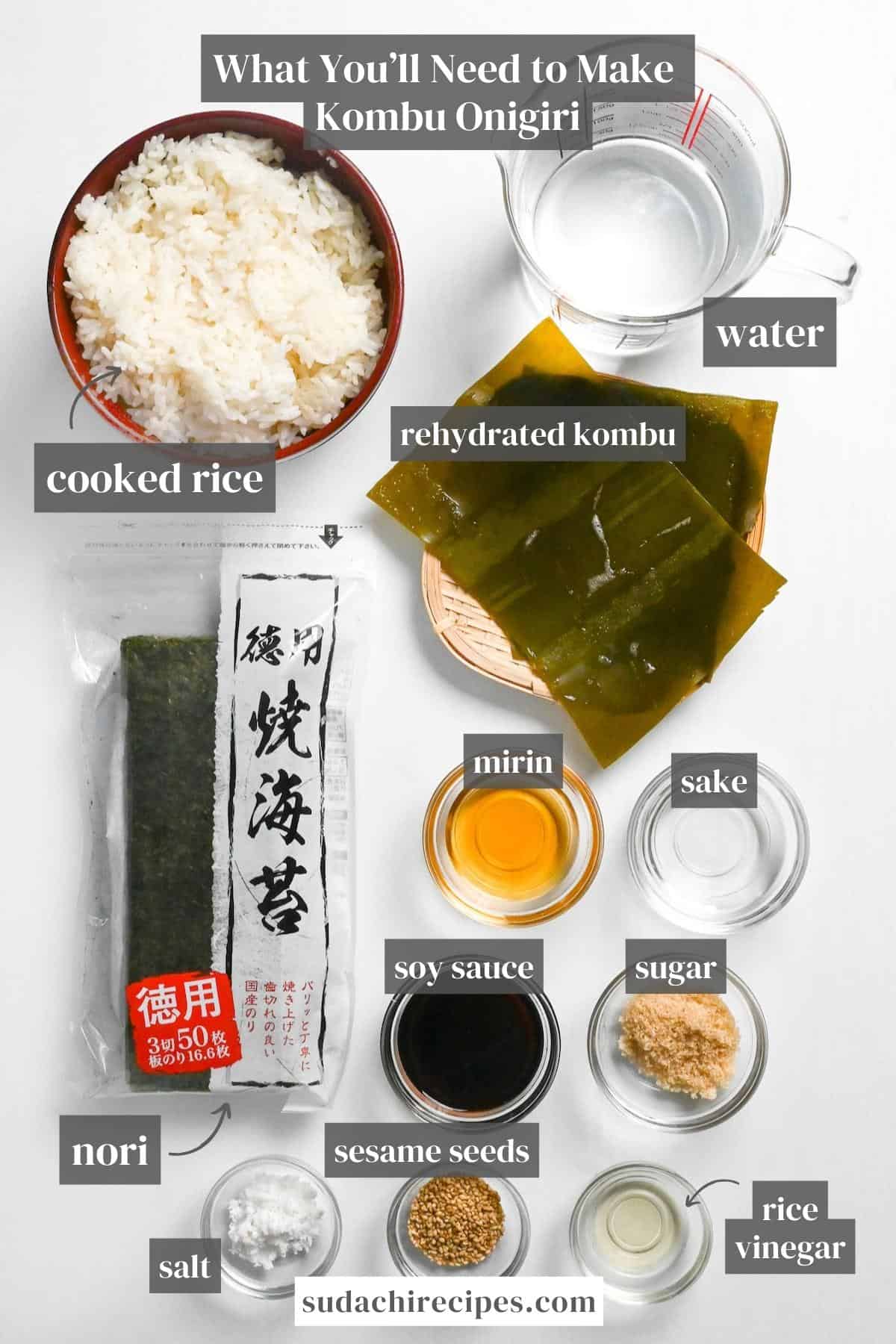 kombu onigiri rice ball ingredients on a white background with labels
