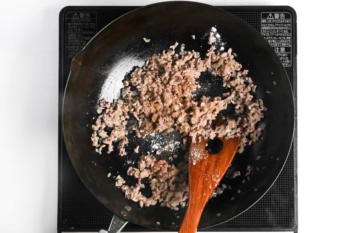 fried ground beef and onions seasoned with salt, pepper and nutmeg