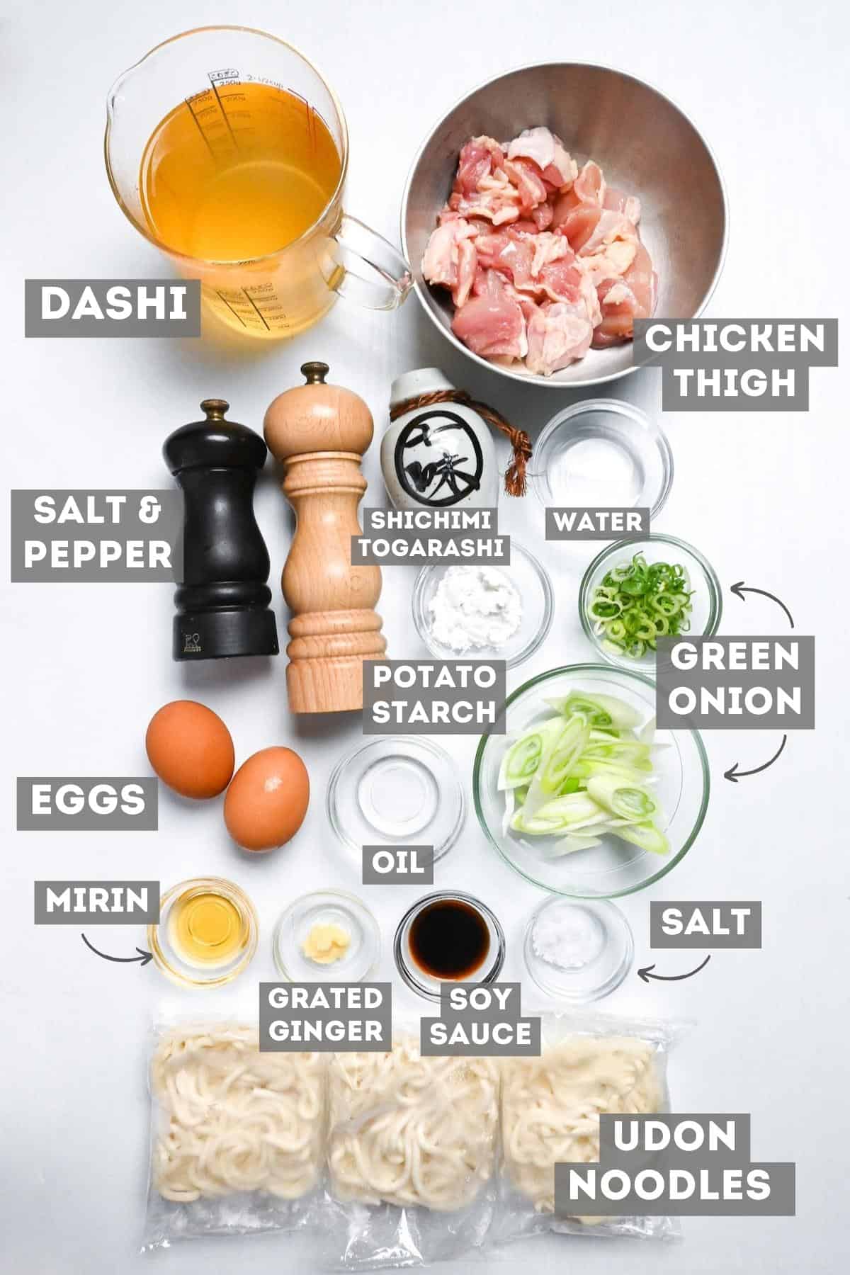 oyako udon ingredients on a white background with labels