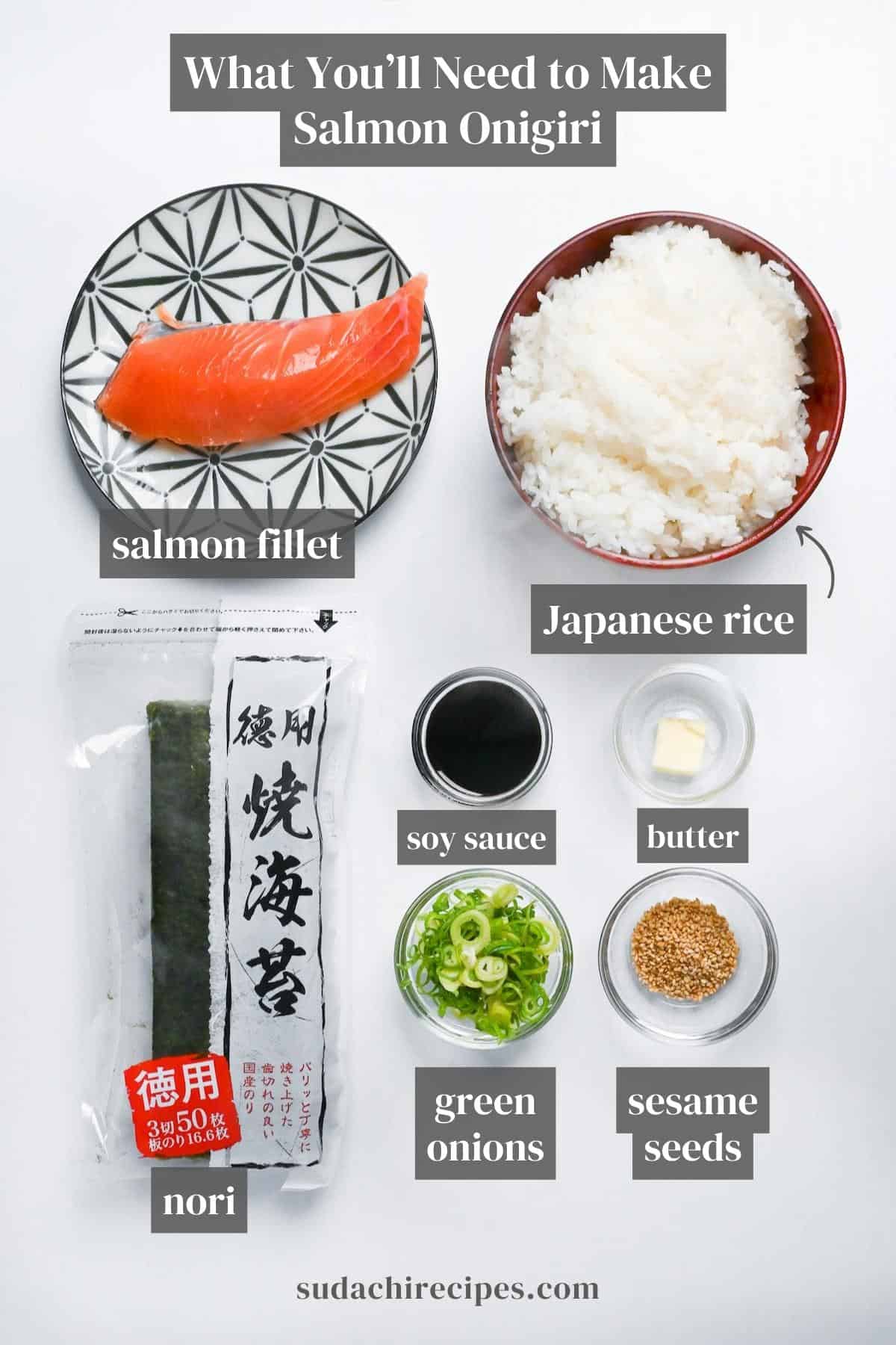 ingredients used to make salmon onigiri on a white background with labels