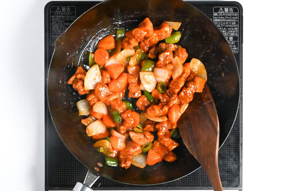 subuta (Japanese sweet and sour pork) in a wok