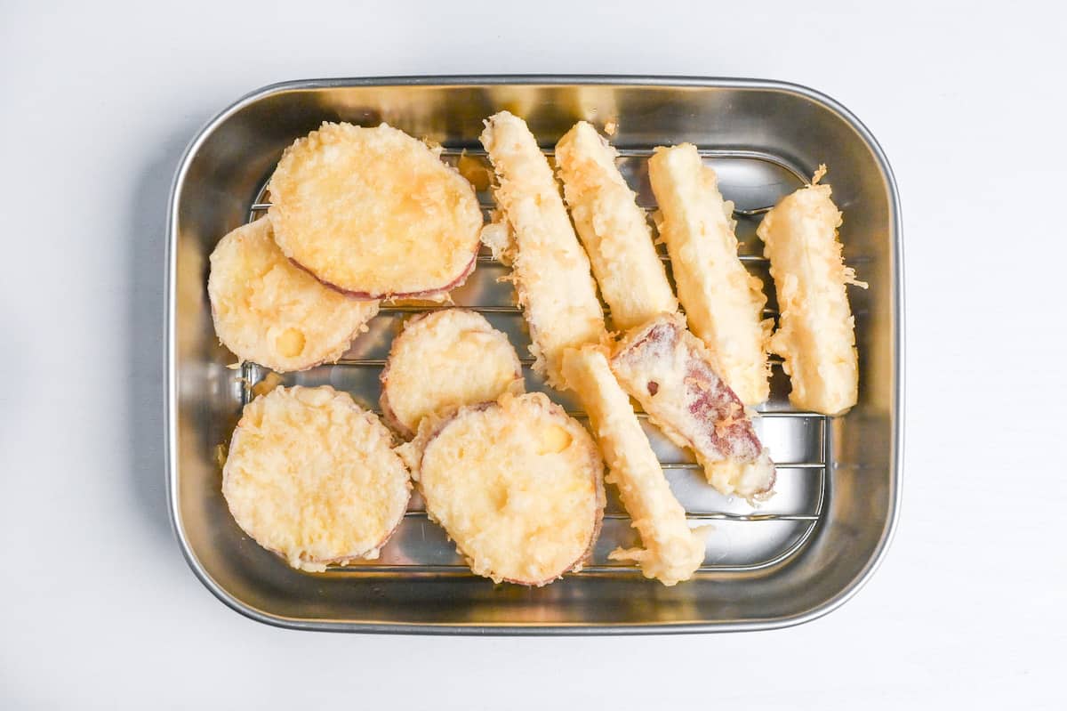 sweet potato tempura on a wire rack