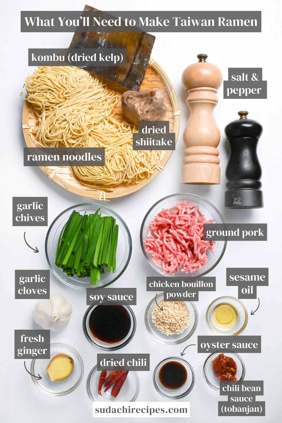 Taiwan ramen ingredients on a white background with labels