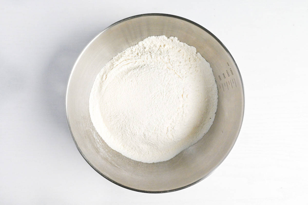 sifted tempura ingredients in a mixing bowl