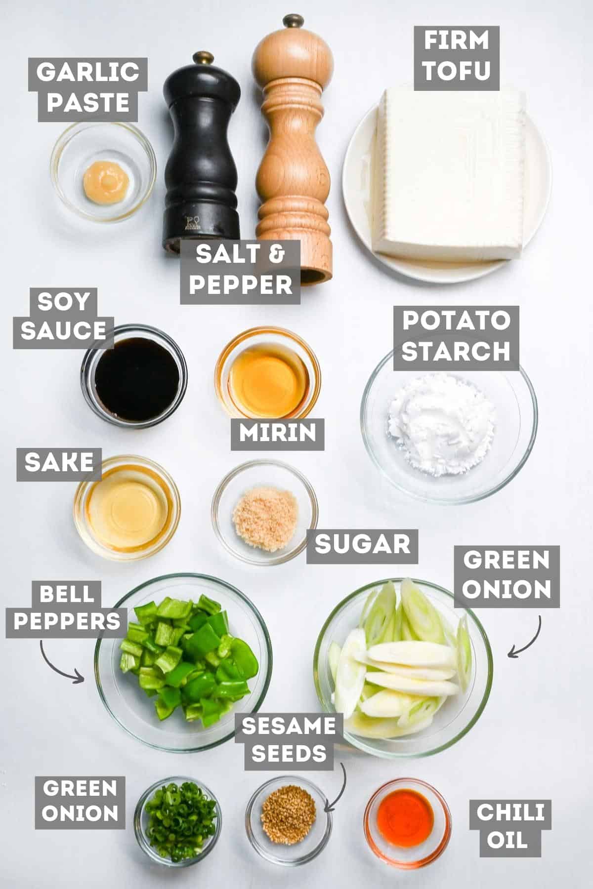 teriyaki tofu donburi ingredients on a white background with labels