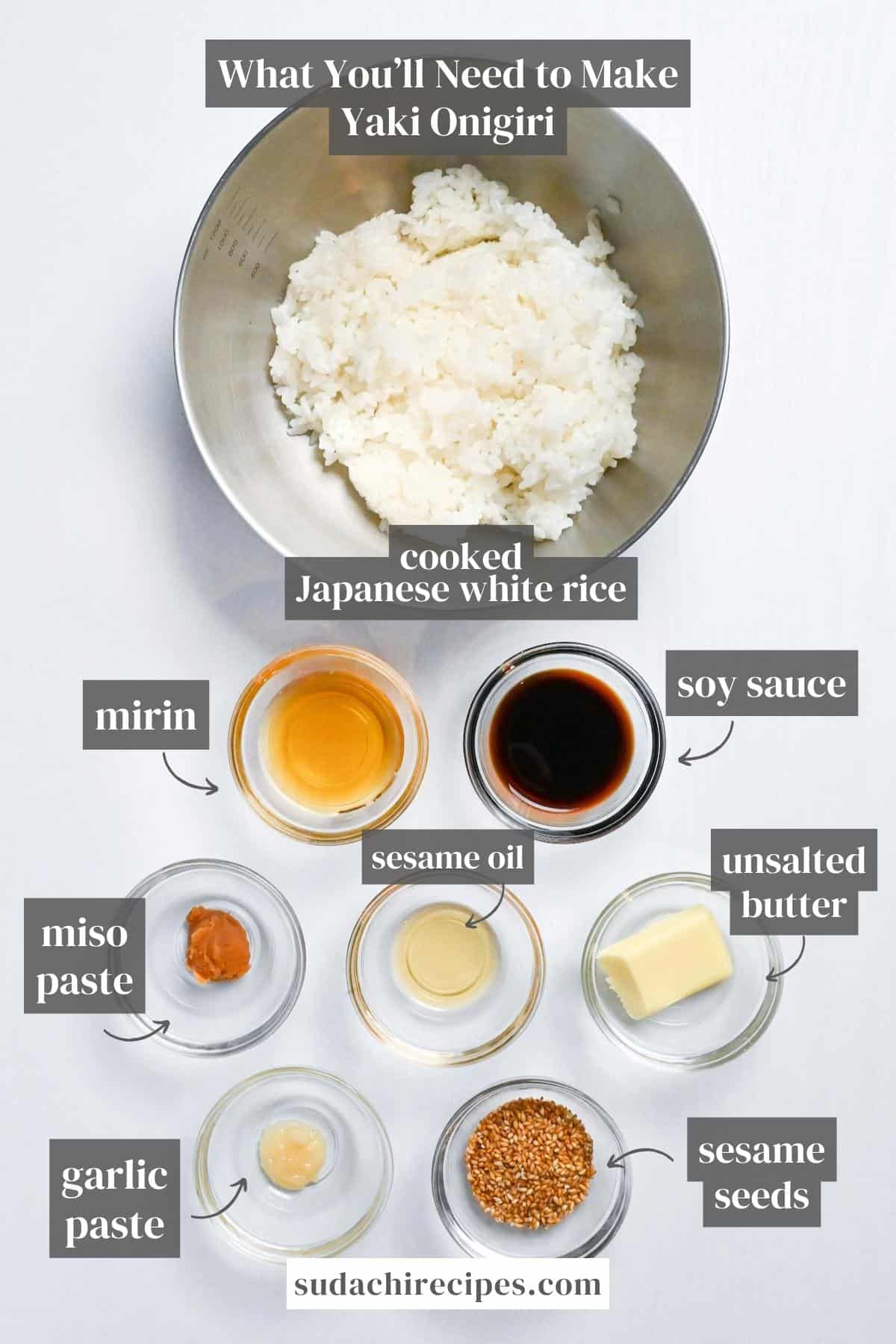 ingredients for yaki onigiri on a white background with labels