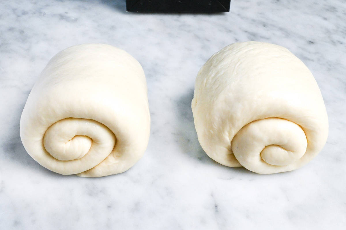 rolled nama shokupan dough facing opposite directions