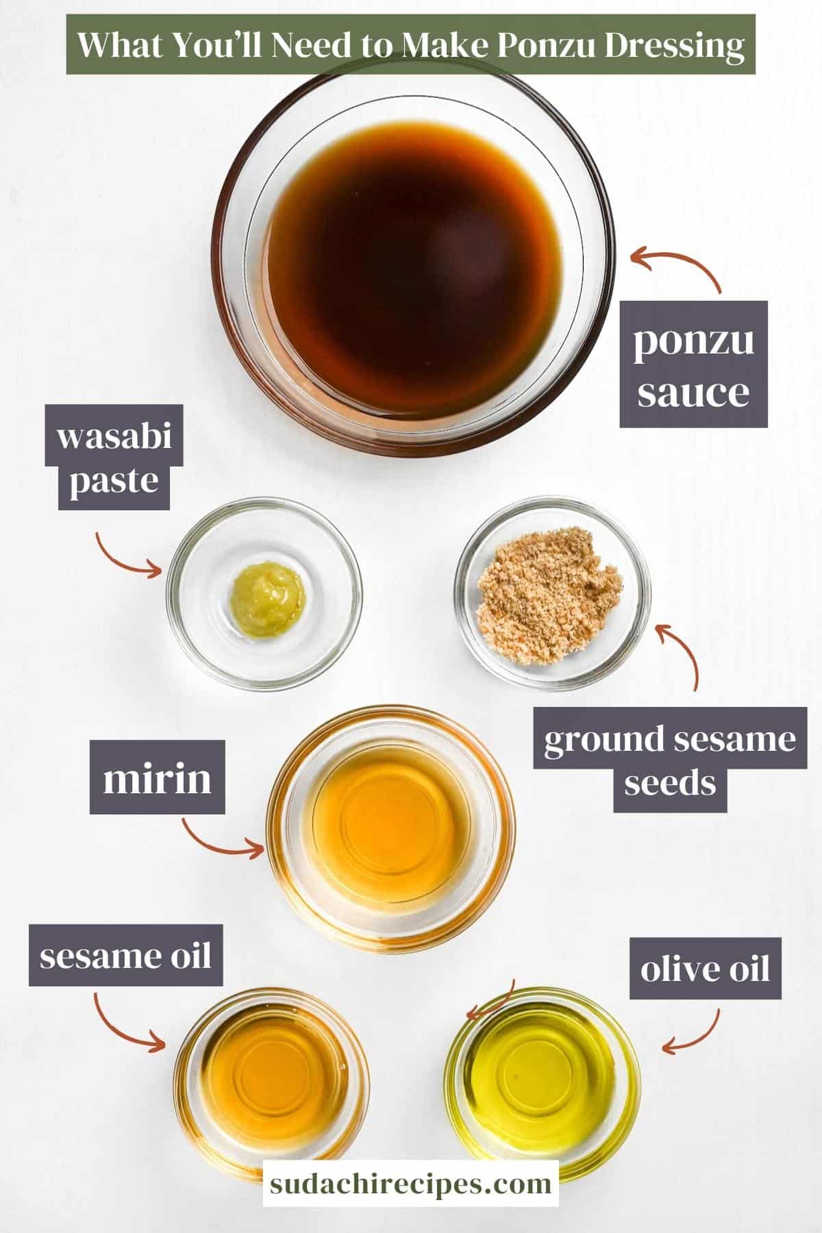 ingredients used to make ponzu dressing on a white background with labels