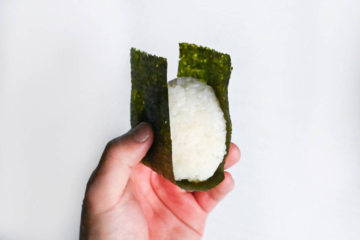 completed hand shaped shio onigiri salted rice ball