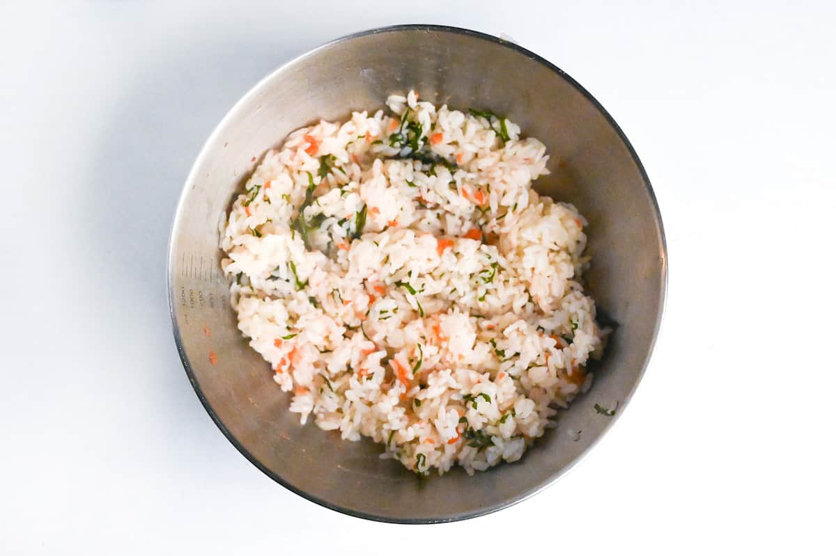 white rice mixed with shredded shiso leaves (perilla) and umeboshi paste (pickled plum)
