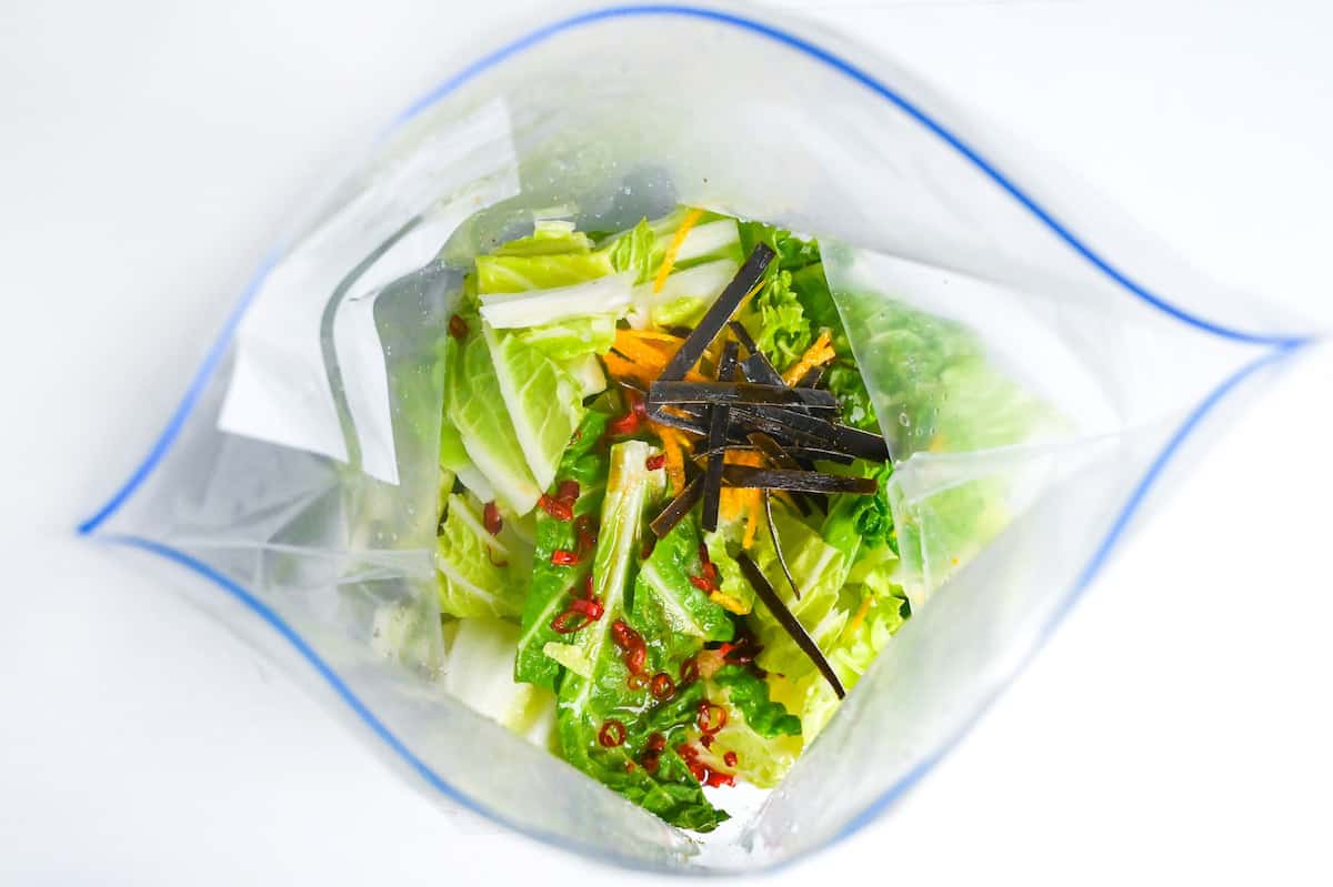 cut pieces of napa cabbage in a sealable freezer bag with thin slices of kombu (dried kelp), dried chili, yuzu peel, salt, sugar and light soy sauce