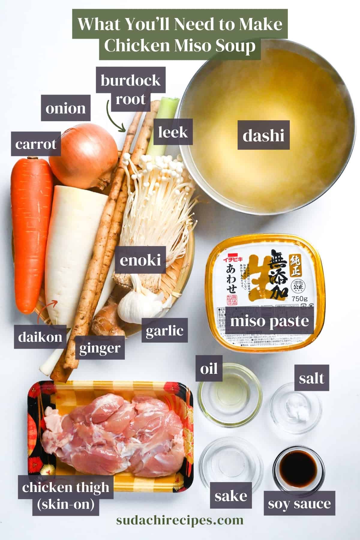 ingredients used to make chicken miso soup on a white background with labels