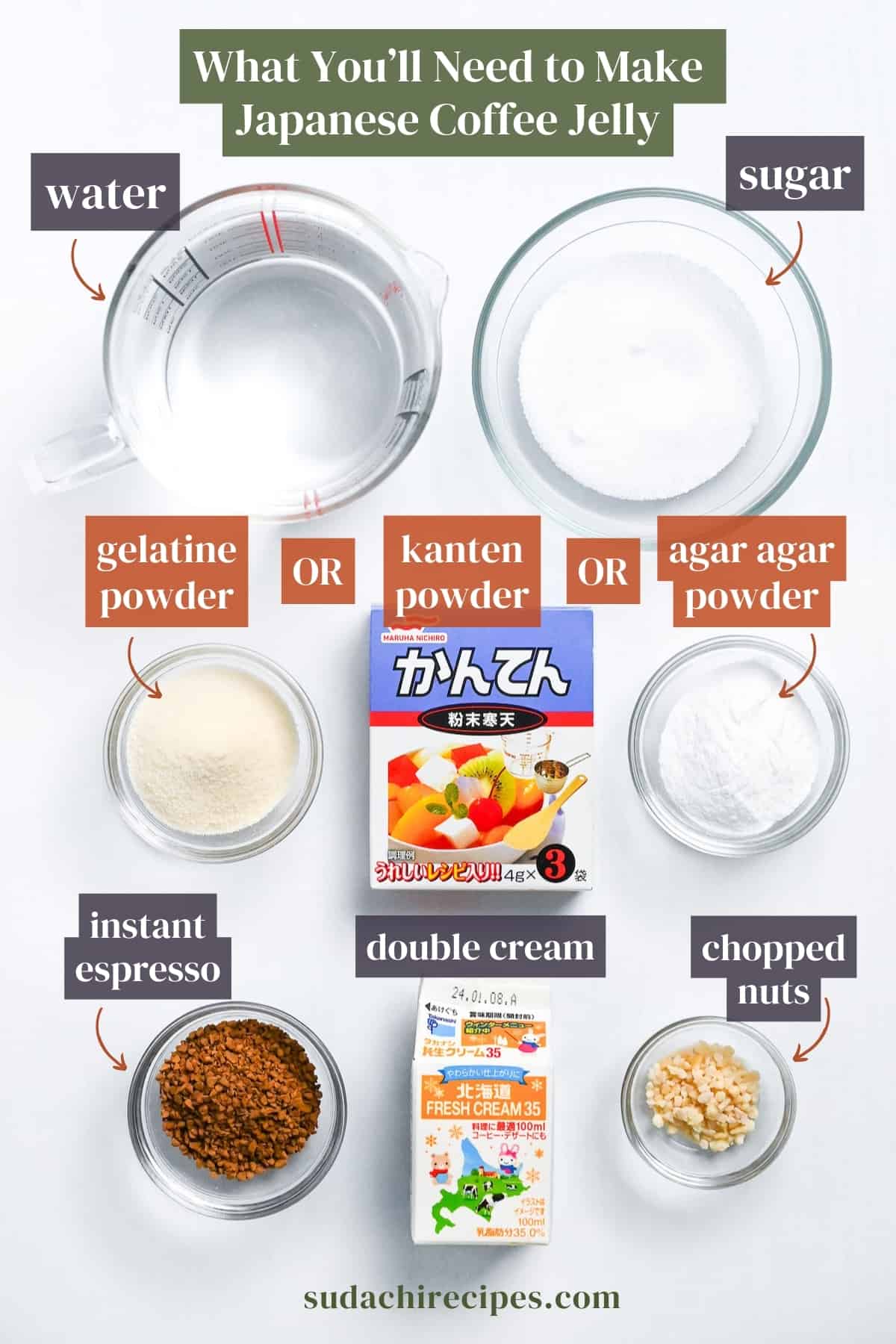 Japanese coffee jelly ingredients on a white background with labels
