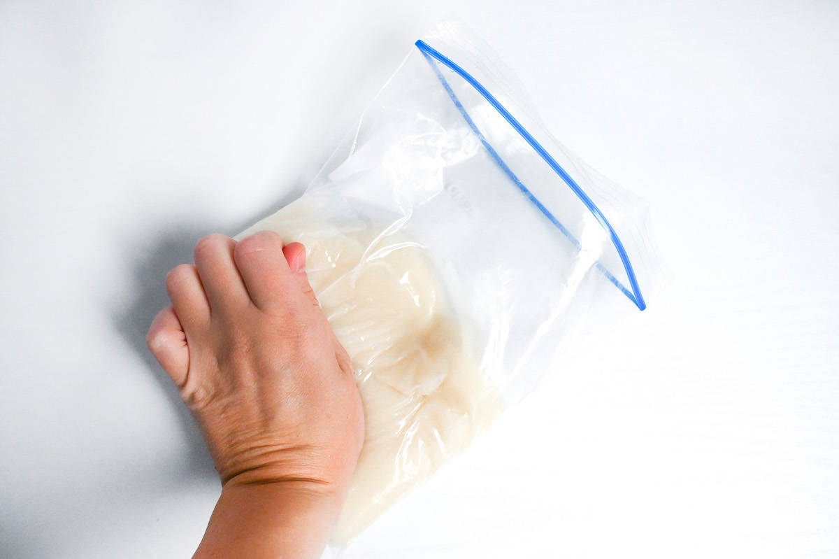 kneading kashiwa mochi "dough" in a sealable freezer bag