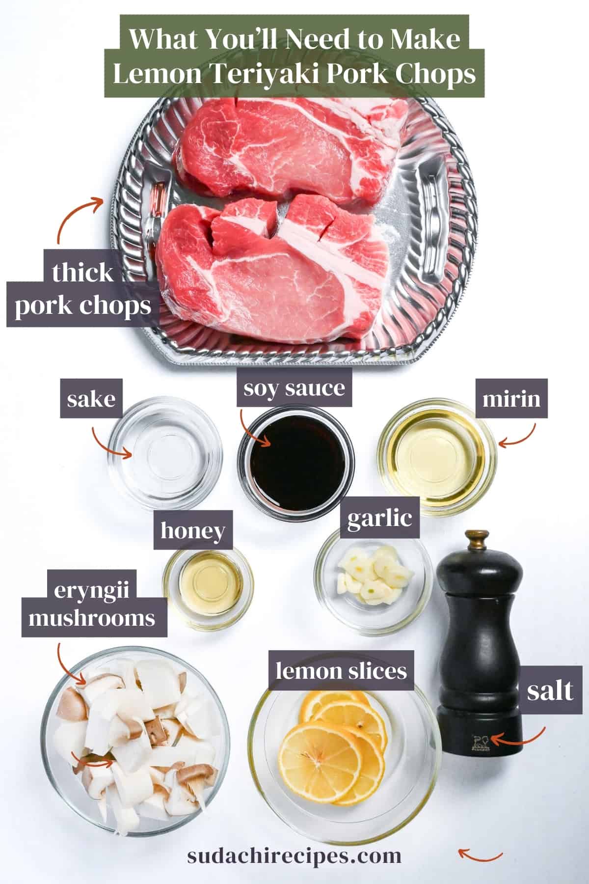 Ingredients to make lemon teriyaki pork chops on a white background on a white background