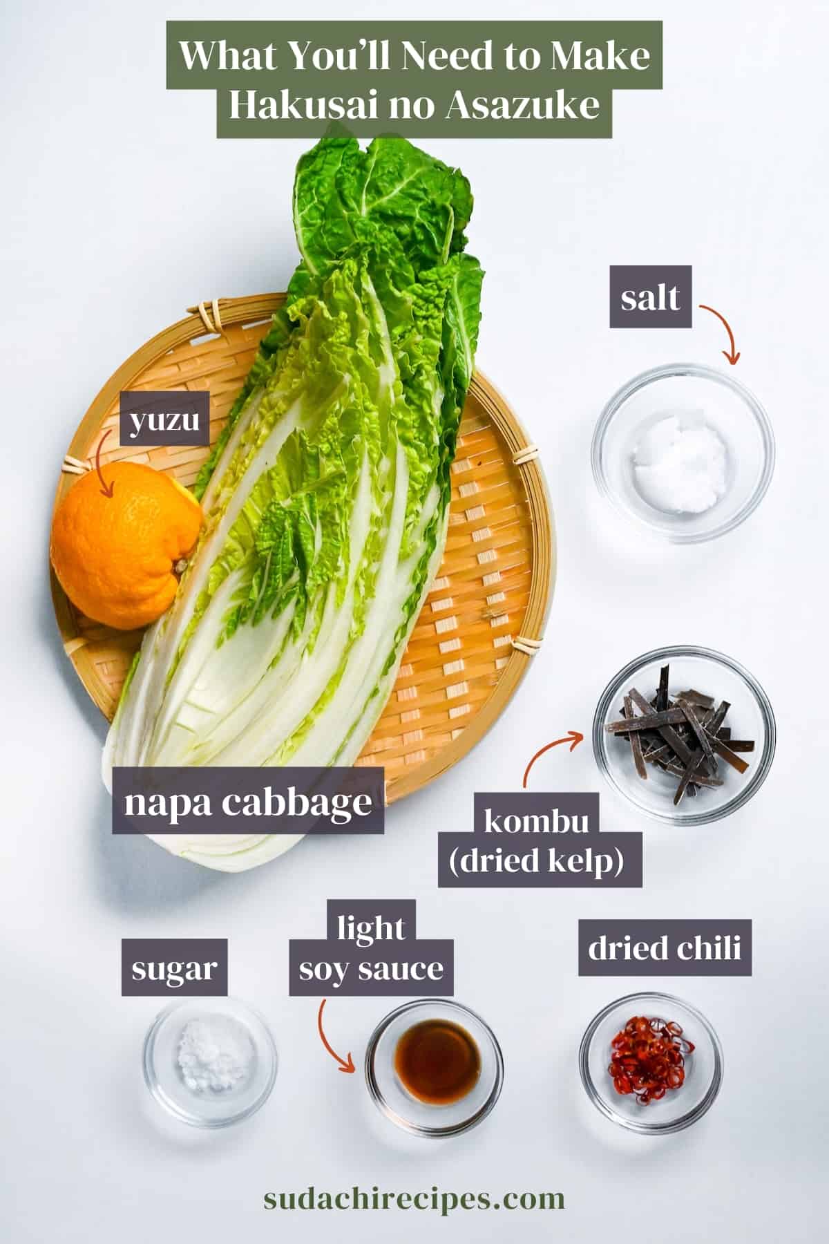ingredients needed to make Japanese napa cabbage pickles (hakusai no asazuke) on a white background with labels