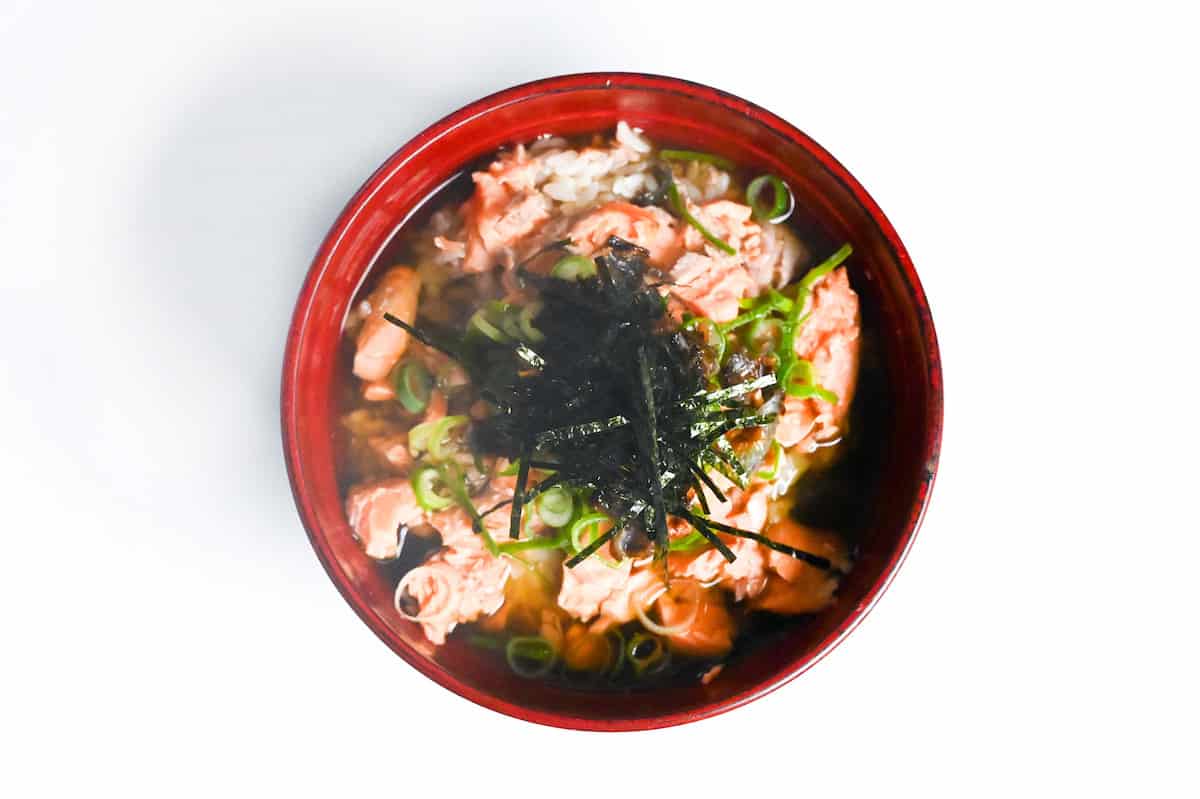 salmon ochazuke made with green tea and dashi topped with nori