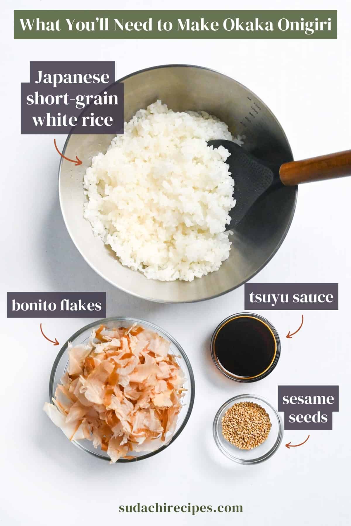 ingredients needed to make okaka onigiri (seasoned bonito flake rice ball) on a white background with labels